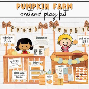May include: A printable pretend play kit for a pumpkin farm stand. The kit includes signs that say "Order Here", "Pick Up Here", "We Are Open Every Day 10am-9pm", "Store Hours Open Today & Wed 10am-9pm", "Today's Specials Pumpkin, Classic Apple, Peach", and "Lemonade Pie Flavors".