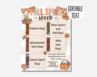 Cute Fall School Spirit Week Schedule Fall Flyer Fundraiser for PTO/PTA | Editable & Printable Template for School Event | Fall Spirit Week