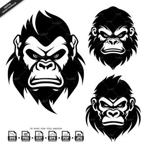 Gorilla Head SVG, Png, Svg files for cricut, Gorilla Face Silhouette Svg, Angry Gorilla Vector Clipart Design EPS DXF Pdf, Wildlife Animals.