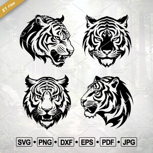 May include: Four black and white vector illustrations of tiger heads. The tiger heads are facing different directions. The tiger heads are in a tribal style.