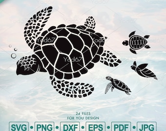 Könnte beinhalten: Eine schwarze Silhouette einer Meeresschildkröte, die im Meer schwimmt. Hinter der größeren Schildkröte schwimmen drei kleinere Schildkröten. Das Bild ist vor einem hellblauen Hintergrund.