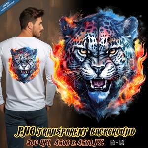 Pode incluir: Uma ilustração digital de um leopardo rosnando com chamas atrás. O leopardo é azul, preto e branco com olhos amarelos. As chamas são laranja e amarelas.