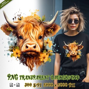 Highland Cow with flowers PNG for Sublimation Printing, Highland Cow T-shirt Design Clipart, DTG Printing, DTF Transfer, Sublimation designs