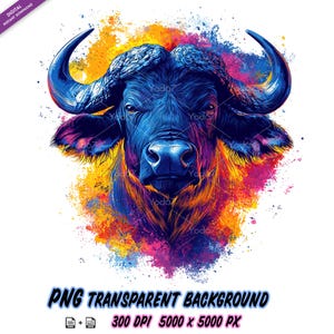 Afrykański bawół głowa clipart do druku sublimacyjnego, Kolorowy afrykański bawół T-shirt Design, DTG, DTF Transfer, Malowanie głowy zwierzęcia