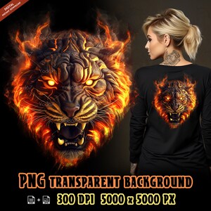 Puede incluir: Una descarga digital de un gráfico de cabeza de tigre de fuego con fondo transparente. El tigre tiene ojos amarillos brillantes y está rodeado de llamas. El gráfico tiene 5000 x 5000 píxeles y 300 DPI.