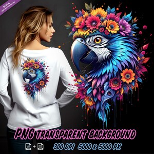 Könnte beinhalten: Weißes Langarmshirt mit einem farbenfrohen Papageien-Design und Blumenkrone auf dem Rücken und der Vorderseite. Der Papagei ist mit blauen, lila und gelben Federn dargestellt. Der Text "PNG TRANSPARENT BACKGROUND" ist ebenfalls enthalten.