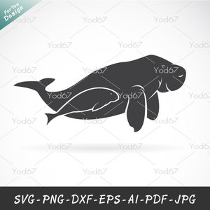 May include: A black silhouette of a manatee and a baby manatee swimming side by side. The manatee is larger and has a rounded body with flippers. The baby manatee is smaller and is swimming underneath the larger manatee.