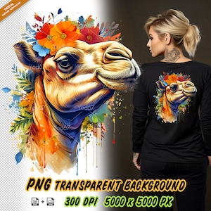 Cammello con fiori per stampa a sublimazione, clipart design t-shirt testa di cammello, stampa DTG, trasferimento DTF, disegni a sublimazione, cammello Png.