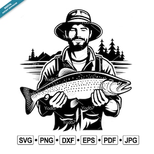 Archivos SVG y PNG de pescador, SVG de trucha, SVG de pescador con pescado, archivo de corte SVG para Cricut, SVG de silueta de pescador, imágenes prediseñadas vectoriales de pescador.