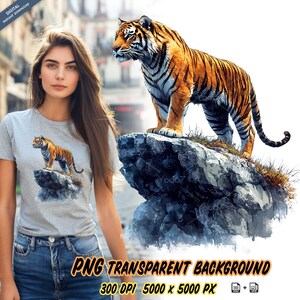 Clipart tigre, tigre debout sur un rocher, impression par sublimation, conception de T-shirt, DTG, transfert DTF, tigre Png, téléchargement numérique, art animalier.