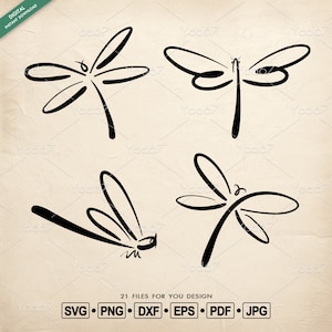 Puede incluir: Cuatro ilustraciones de libélulas en blanco y negro en línea. Las libélulas están dibujadas de una manera simple y estilizada. Las ilustraciones son perfectas para usar en proyectos de manualidades, scrapbooking o diseño digital.