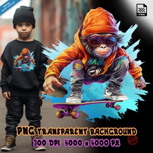 Affe spielt Skateboard Png für den Sublimationsdruck. Cooles Affen-T-Shirt-Design Clip Art, DTF / DTG-Druck, Affenliebhaber-Shirt PNG-Datei