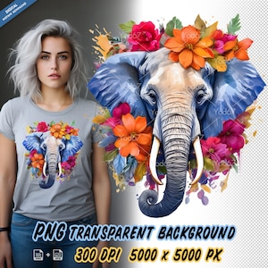 Elephant with Flowers for Sublimation Printing, Elephant T-shirt Design Clipart, DTG Printing, DTF Transfer, PNG Sublimation, Elephant Png.