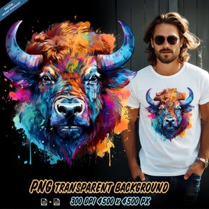 Può includere: Un'illustrazione astratta e colorata di una testa di toro con un effetto acquerello. La testa di toro è circondata da schizzi di vernice di vari colori, tra cui blu, verde, giallo, arancione e rosso. La testa di toro è rivolta in avanti e i suoi occhi sono chiusi. Lo sfondo è nero.