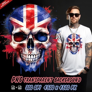 Crânio da bandeira britânica patriótica para impressão de sublimação, Inglaterra Reino Unido União T-shirt Design Clipart, DTF Png, Desenhos de sublimação, Reino Unido