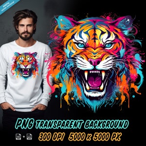 Visage de tigre coloré pour impression par sublimation, clipart tête de tigre, impression DTG, transfert DTF, motifs par sublimation, tigre Png.