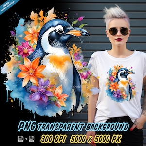 Pingüino con flores para impresión por sublimación, Imágenes prediseñadas de diseño de camiseta de pingüino, Impresión DTG, Transferencia DTF, Diseños de sublimación, Pingüino Png.