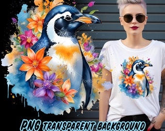 Penguin with flowers for Sublimation Printing, Penguin T-shirt Design Clipart, DTG Printing, DTF Transfer, Sublimation designs, Penguin Png.