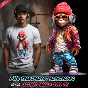 Cooler Affe für den Sublimationsdruck, Hip-Hop-Stil Affe T-Shirt Design Clipart, DTG-Druck, DTF-Transfer, Sublimationsdesigns, Rapper.