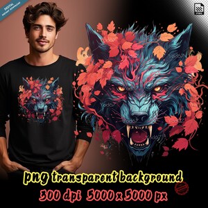 Wolf head png for sublimation printing, Wolf Head Demon T-shirt Design Clip art, DTF DTG Printing, Wolf PNG, Digital download, Animals Png.