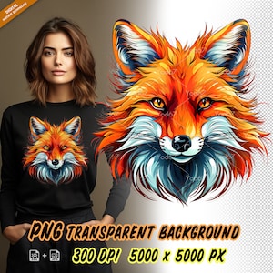 Testa di volpe png per stampa a sublimazione, clipart di design di t-shirt Fox, stampa DTG, trasferimento DTF, disegni a sublimazione, file Png, testa di animale.
