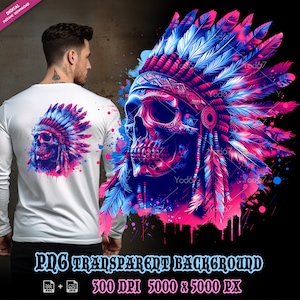 Teschio dei nativi americani per la stampa a sublimazione, Clipart di design della maglietta capo dei nativi americani, stampa DTG, trasferimento DTF, design a sublimazione
