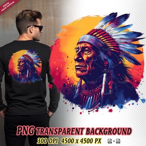 Peut inclure: Une illustration colorée d'un homme amérindien portant une coiffe à plumes. L'arrière-plan est d'un orange et d'un jaune vifs avec des éclaboussures de peinture bleue et rouge.