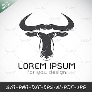 Może przedstawiać: Czarno-biała sylwetka głowy byka z dużymi rogami. Tekst "LOREM IPSUM for you design" znajduje się pod obrazem.