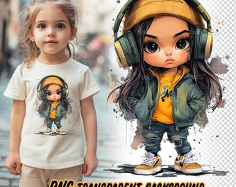 Cool girl with headphones, Musical Teen Girls, Graffiti Streetwear Girl with headphones, Sublimation designs, Cartoon little girl png file.