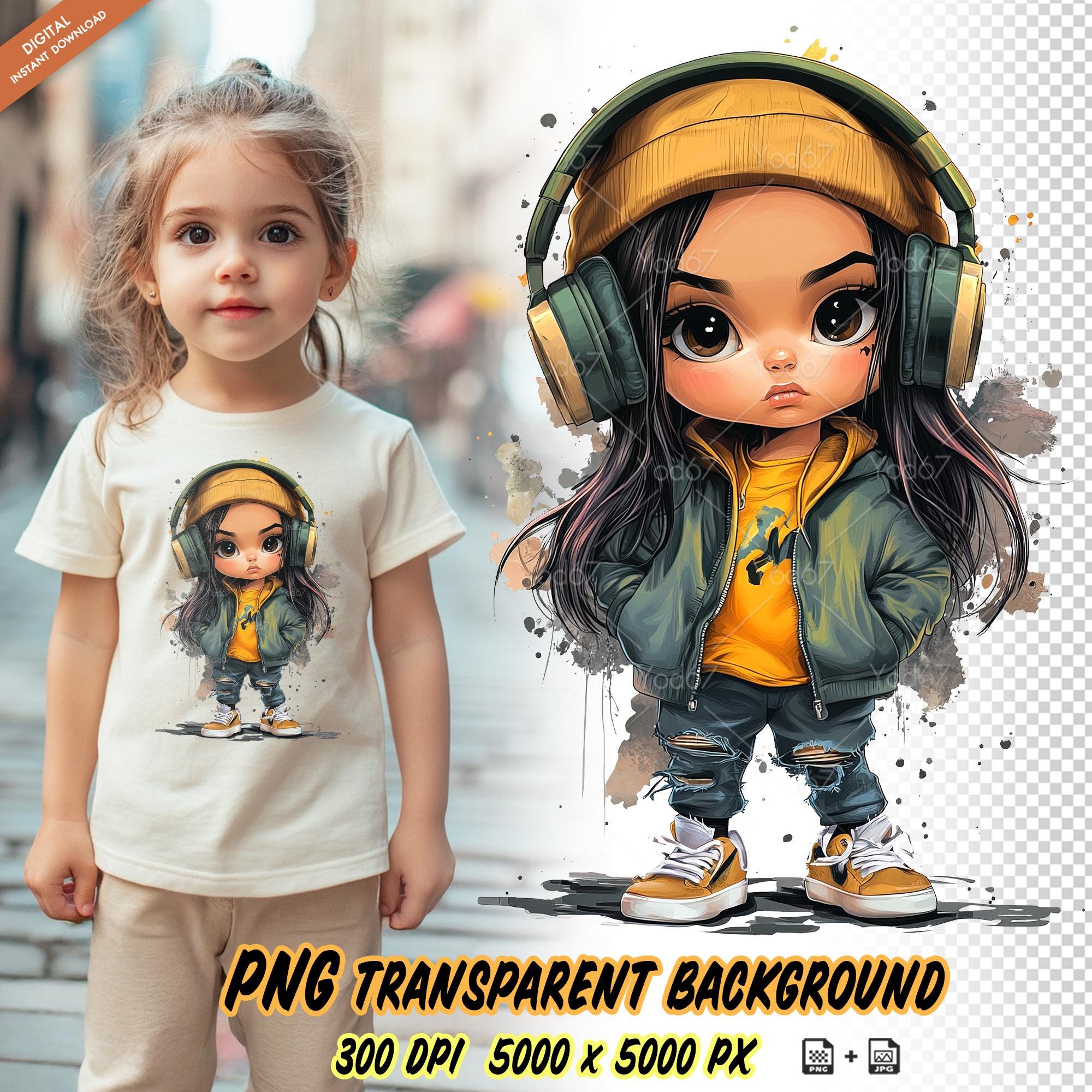 Cool girl with headphones, Musical Teen Girls, Graffiti Streetwear Girl with headphones, Sublimation designs, Cartoon little girl png file.