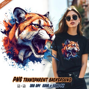 Puma for Sublimation Printing, Roaring Puma Head T-shirt Design Clipart, DTG, DTF Transfer, Transparent PNG, Sublimation, Wildlife Png File.