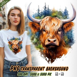 Highland cow in forest PNG for Sublimation Printing, Highland cow head T-shirt Design Clipart, DTG, DTF Transfer, Png file for sublimate.