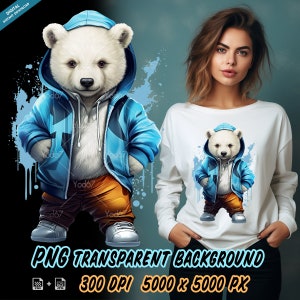 Teddybär Png, cooler Teddybär für Sublimationsdruck, Teddybär mit Jacke für T-Shirt-Design, Weißer Bär Clipart, Rapper, Hip-Hop.