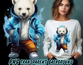 Teddy Bear Png, Cool Teddy Bear for Sublimation Printing, Teddy Bear wearing jacket for T-shirt Design, White Bear Clipart, Rappers,Hip hop.