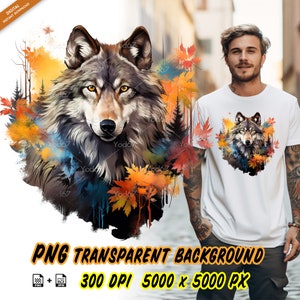 Loup pour impression par sublimation, clipart tête de loup T-shirt, impression DTF DTG, fichiers PNG colorés de tête de loup Peinture de tête d'animal.