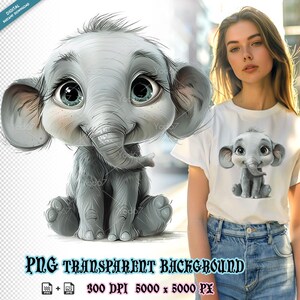 Elefante bebê fofo PNG para impressão por sublimação, design de camiseta de elefante bebê clipart, DTG, transferência DTF, designs de sublimação, animais fofos.