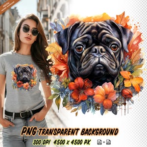 Pug Dogs PNG Clipart for Sublimation Printing, Pug Dog with Flowers T-shirt Design, Dtg, Dtf, Transparent PNG, Dog Lover, Pet, Dog Head Png.