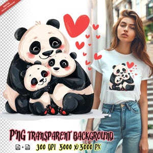 Clipart della famiglia di panda per stampa a sublimazione, simpatico panda con cuori, design per maglietta, trasferimento DTG, DTF, disegni a sublimazione, arte della fauna selvatica.