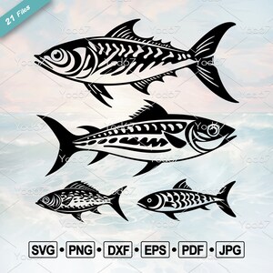 May include: Three black and white silhouette illustrations of fish. The fish are stylized with a tribal pattern and are facing to the right. The fish are on a blue and white background.
