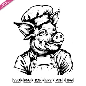 May include: Black and white illustration of a pig wearing a chef's hat and apron. The pig is smiling and looking to the right.