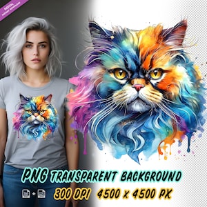 Chat persan pour impression par sublimation, tête de chat T-shirt Design Clipart, impression DTF DTG, fichier PNG tête de chat persan, motifs sublimes. Animal de compagnie.
