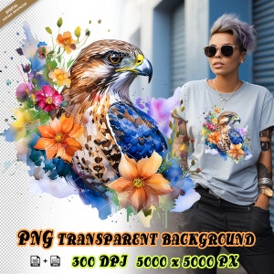 Falcon & flowers for Sublimation Printing, Hawk T-shirt Design Clipart, DTG Printing, DTF Png, Sublimation designs, Falcon Png, Bird of prey