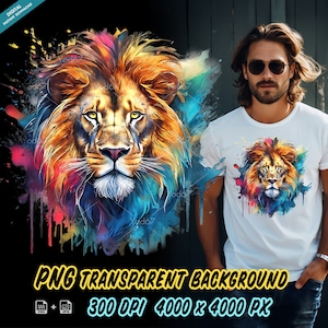 Leão Png, leão colorido para impressão por sublimação, clipart de design de camiseta com cabeça de leão, impressão DTF DTG, pintura de cabeça de leão png, arte para impressão.