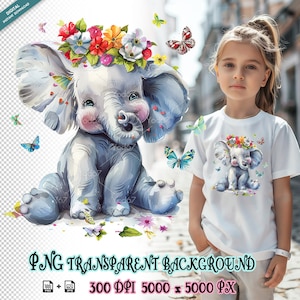 Adorável elefante bebê com coroa de flores coloridas para impressão por sublimação, clipart de design de camiseta de elefante bebê fofo, designs de sublimação.