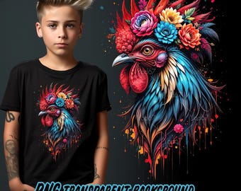 Floral Rooster PNG: Vibrant Watercolor T-Shirt Design (Digital Download)