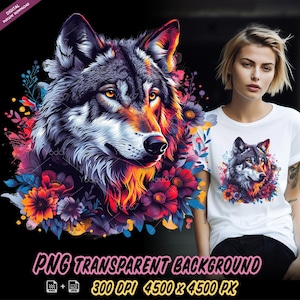 Wolf With Flowers PNG for Sublimation Printing, Colorful Wolf Head T-shirt Design Clipart, DTG DTF Transfer, Sublimate, Wildlife Animals Png