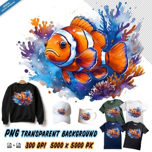 Peixe palhaço PNG para impressão por sublimação, desenhos de peixes marinhos design de camisetas clipart, impressão DTG, transferência DTF, designs de sublimação, arquivo Png