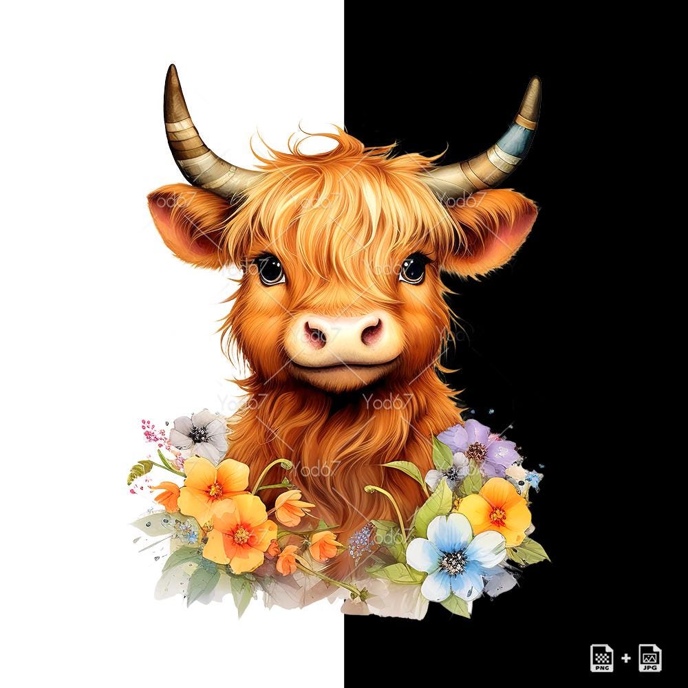 Highland Cow With Flowers PNG for Sublimation Printing, Cute Baby ...