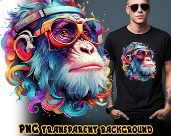 Colorful monkey head wearing glasses Png file for Sublimation Printing, Monkey head T-shirt Design clip art, DTF DTG Printing, Monkey png.