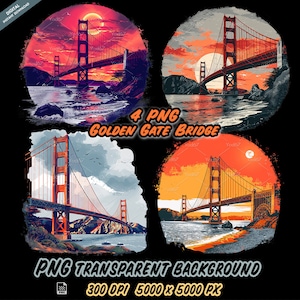 Golden Gate Bridge Png para impressão por sublimação, Golden Gate Bridge T-shirt Design Clipart, impressão DTG, PNG transparente, designs de sublimação.